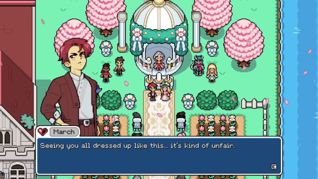Field of Mistria 1.0 Announcement Trailer showing March's marriage scene with the dialogue, "Seeing you all dressed up like this... it's kind of unfair."