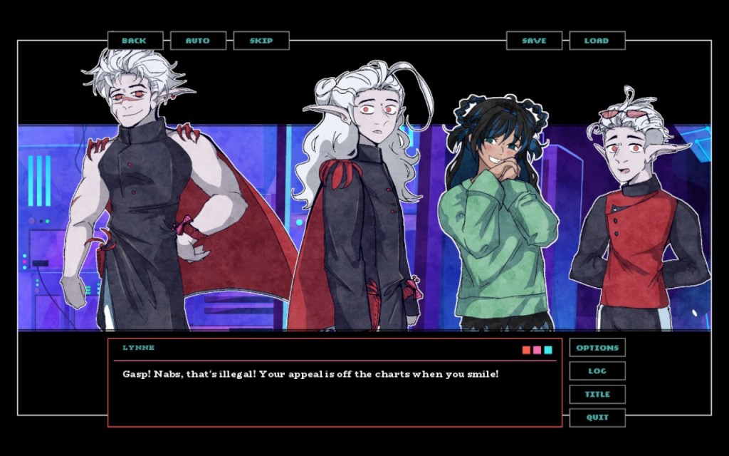 Screenshot of Lynne, Nabo, Andelle and Egen talking. 