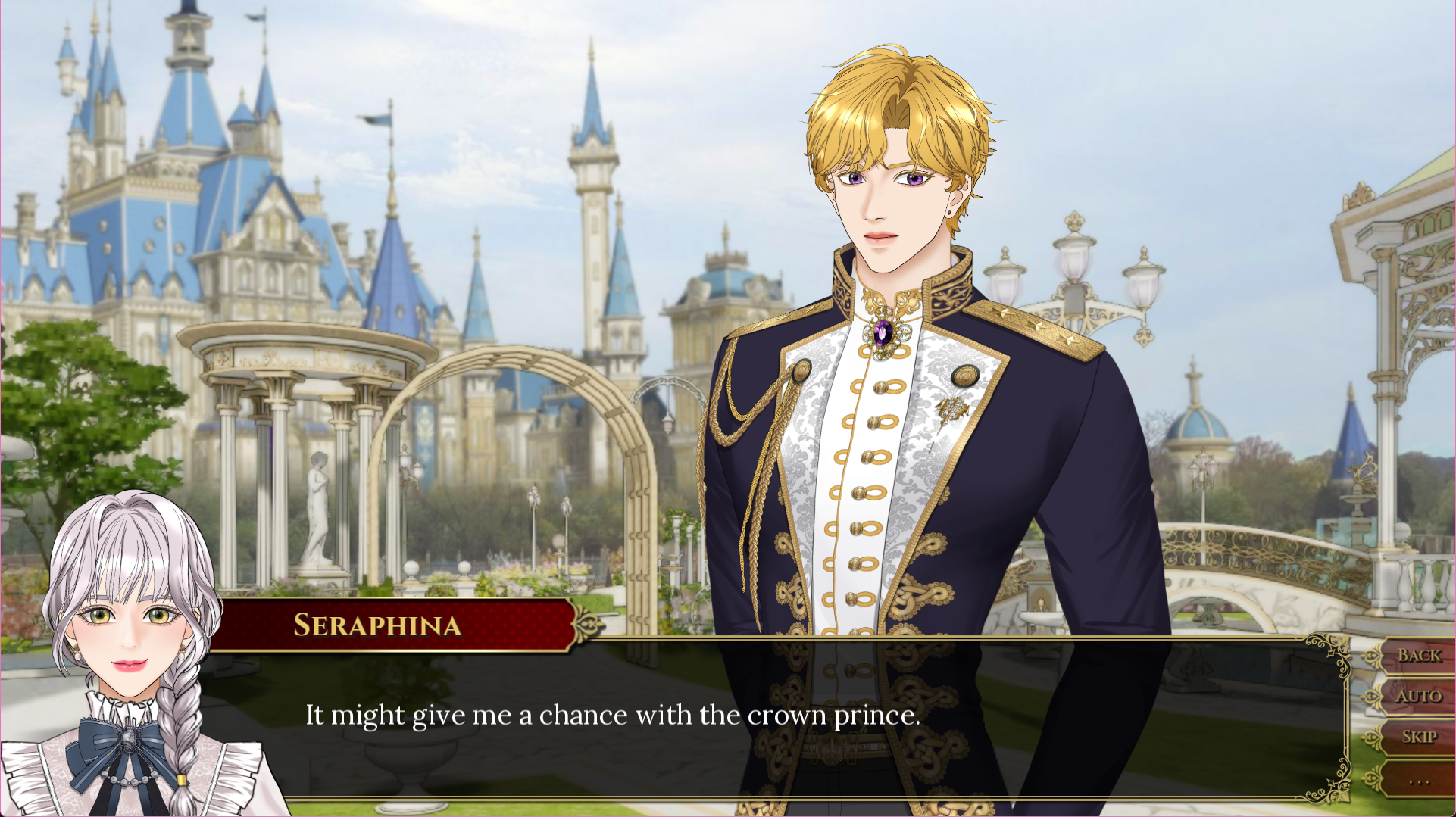 Seraphine tells Prince Lucian that she hopes his brother's engagement fails so she has a chance with him.